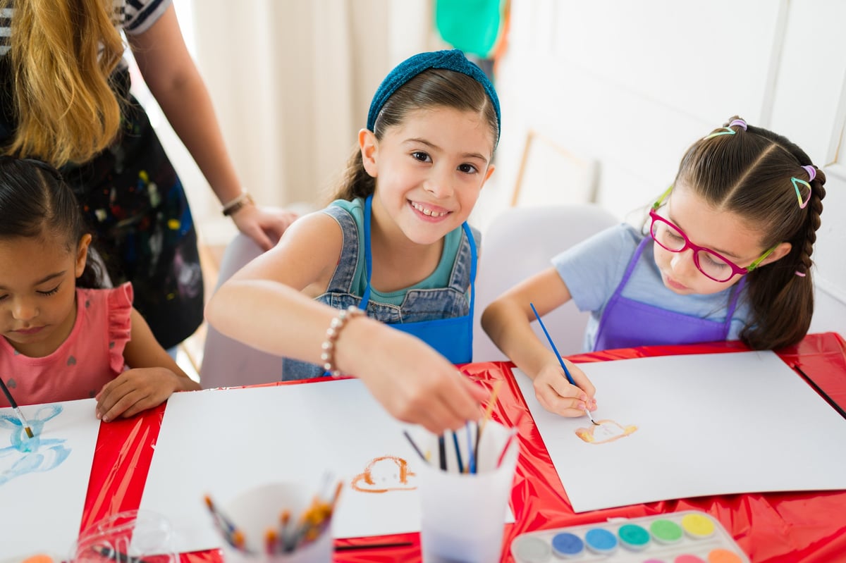 Kids enjoying painting class with teacher